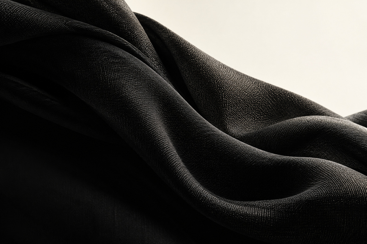 Sculptural black fabric folds against a warm ivory background